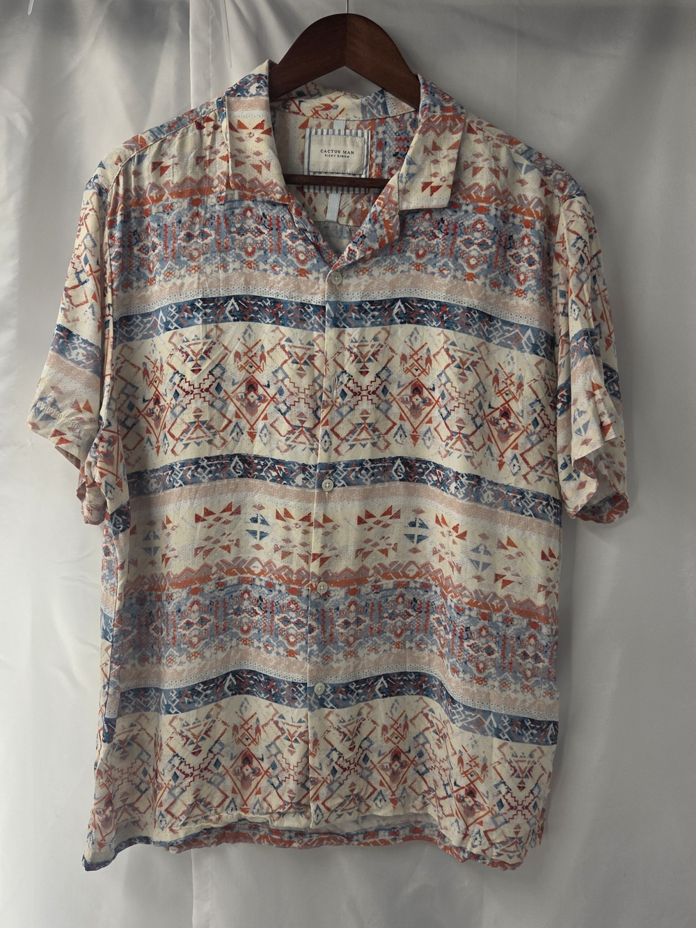 Cactus Man by Ricky Singh Aztec Tribal Geometric Camp Shirt Men's XL Boho Preppy